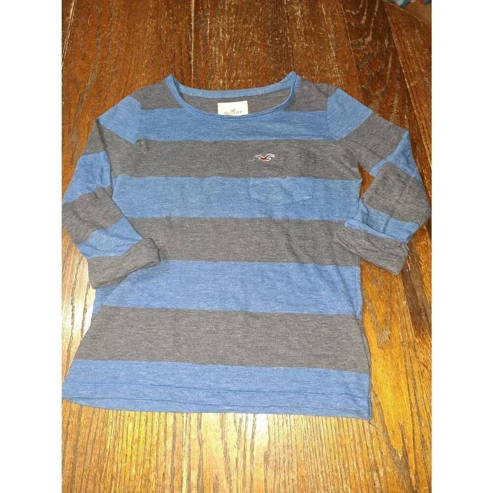 XS Hollister Blue Striped Cuffed Arm Round Neck Pullover Tee Tshirt Top w Pocket